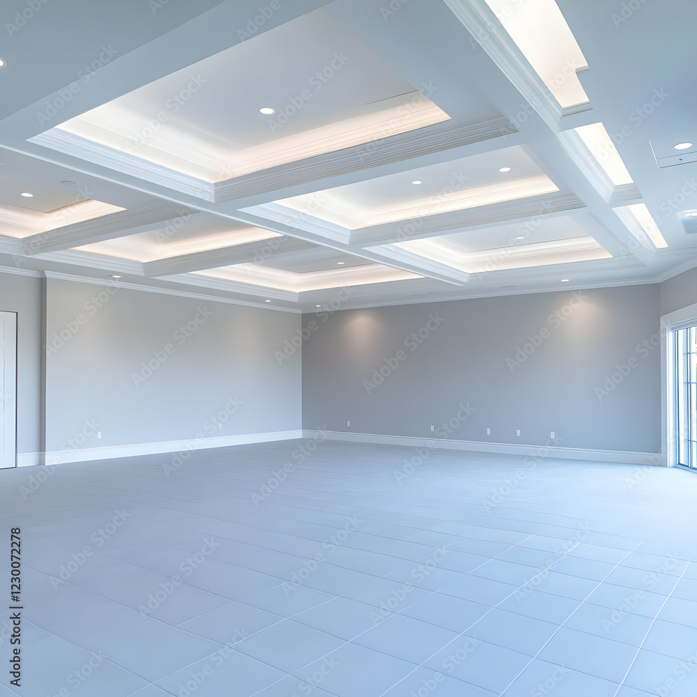 Modern home, empty room, recessed lighting, large windows Modern home, empty room, recessed lighting, large windows