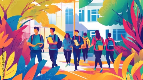 A vibrant vector illustration of college students walking to class, carrying books and backpacks, surrounded by a colorful campus environment