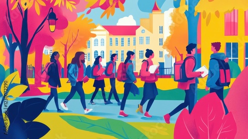 A vibrant vector illustration of college students walking to class, carrying books and backpacks, surrounded by a colorful campus environment
