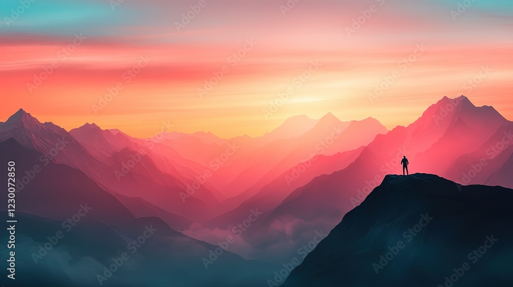 Mountain Majesty, towering peaks bathed in sunset hues, a solitary hiker embraces the thrill of adventure and the beauty of solitude. Mountain Majesty, towering peaks bathed in sunset hues, a solitary hiker embraces the thrill of adventure and the beauty of solitude.
