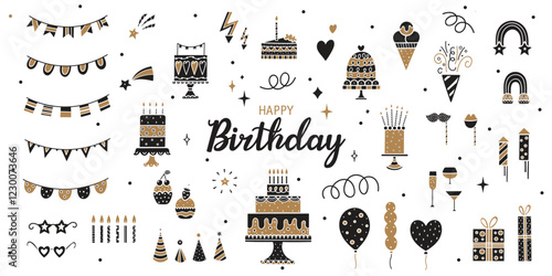 Happy Birthday doodle set. Gold and black color. Party decoration, gift box, cake, party. Hand drawn elements. Vector silhouette illustration