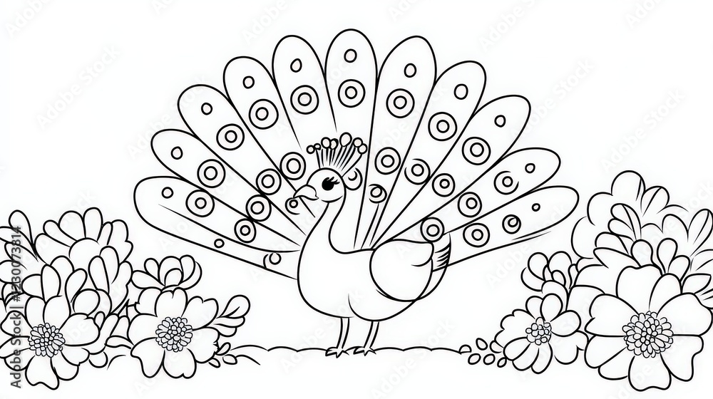 Naklejka premium Unique black and white outline of a peacock surrounded by flowers, ideal for coloring enthusiasts of all ages seeking relaxation and creativity, Outline