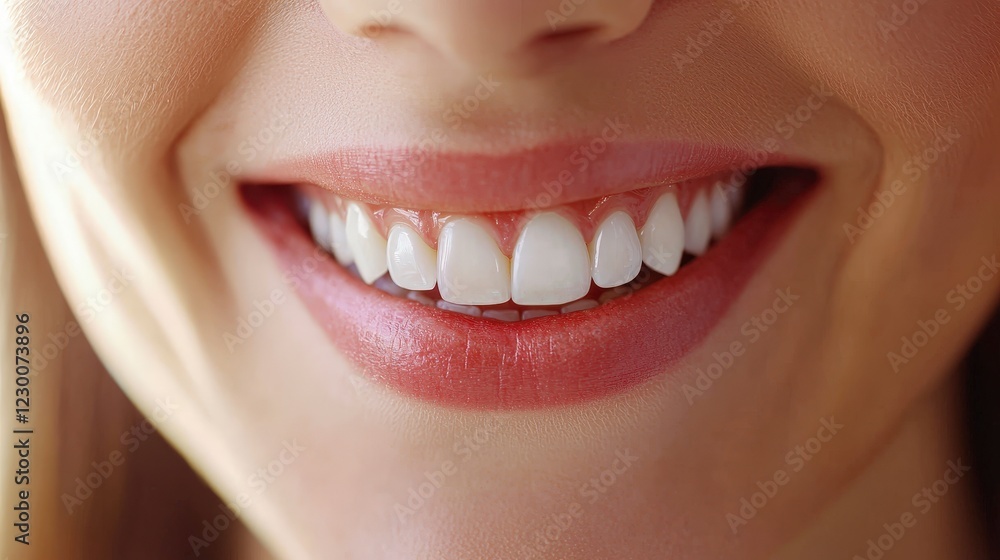 Fototapeta premium Close-up of a Smiling Woman's Mouth Showing White Teeth and Lips