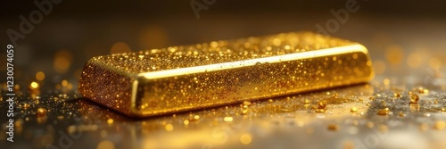 Shimmering gold object placed on a metallic surface with plenty of empty space around it, shimmering gold, precious, metallic surface