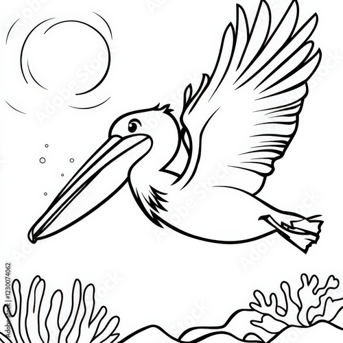 A delightful outline of a flying pelican amidst a serene nature scene, perfect for relaxation and creativity Ideal for a coloring activity!, Outline