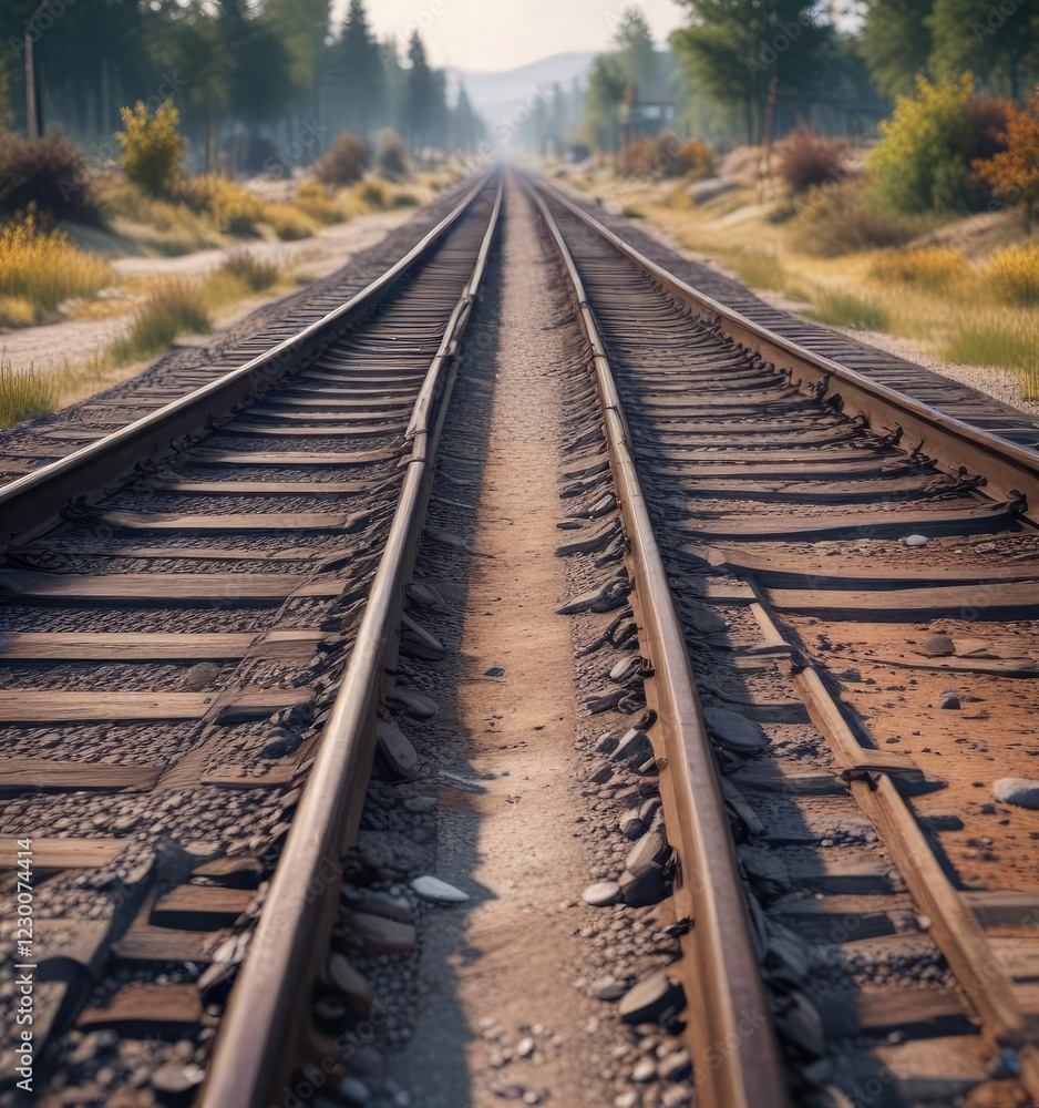 Railroad tracks splitting into two distinct paths, divergent path, diverging rails Railroad tracks splitting into two distinct paths, divergent path, diverging rails