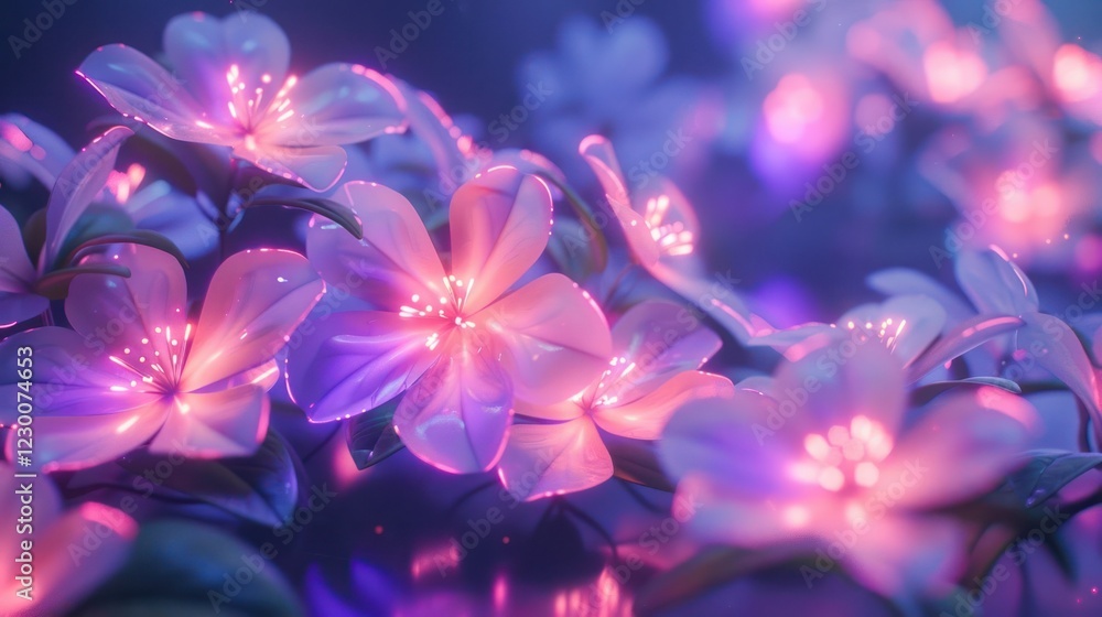 Close-up of glowing flowers in a dreamy garden setting with soft lights enhancing their beauty Close-up of glowing flowers in a dreamy garden setting with soft lights enhancing their beauty