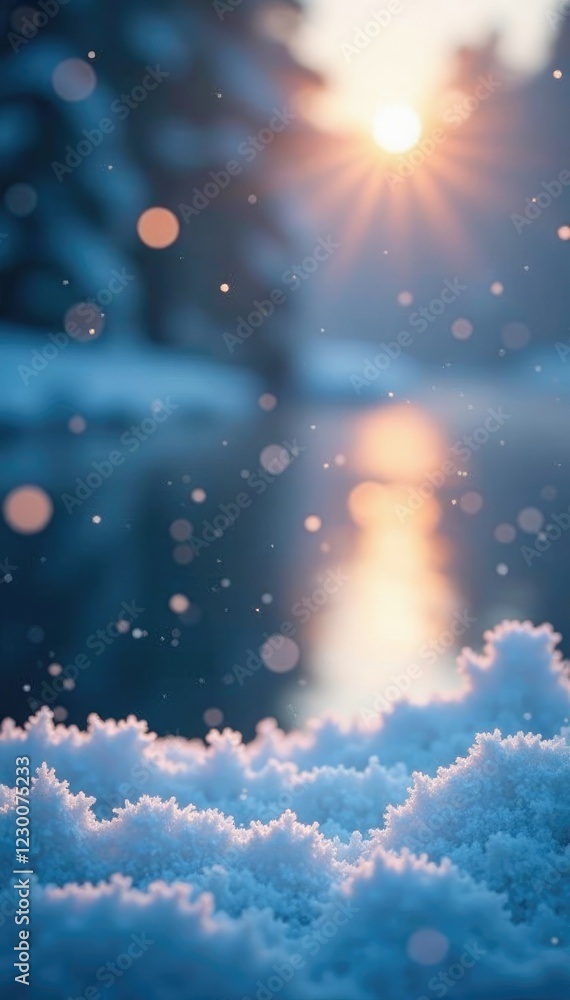 Obraz premium Sparkling snowflakes gently falling on a frozen lake, snowy effect, sparkling snowflakes