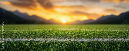 football field with vibrant grass and stunning sunset backdrop