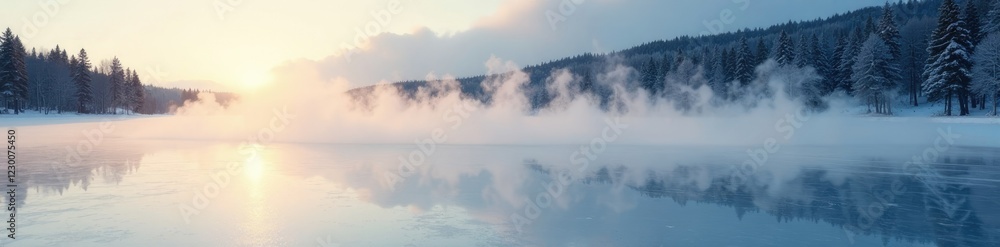 Steam rises from a frozen lake on a cold winter morning, snow, lake, natural wonder Steam rises from a frozen lake on a cold winter morning, snow, lake, natural wonder