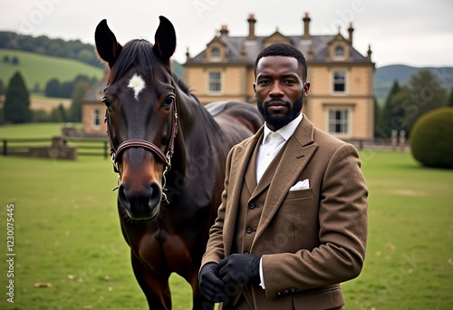 Sophisticated Black Man Equestrian, Vintage Outfit, Horse & Grand Mansion, Refined Expression, Muted Colors, Lush Green Hills, Classic Aristocratic Vibe, High-Quality Photo.

 photo