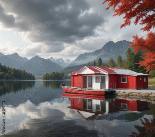Red RIB in a grey and white boat house with a calm lake or river in the background, river, RIB