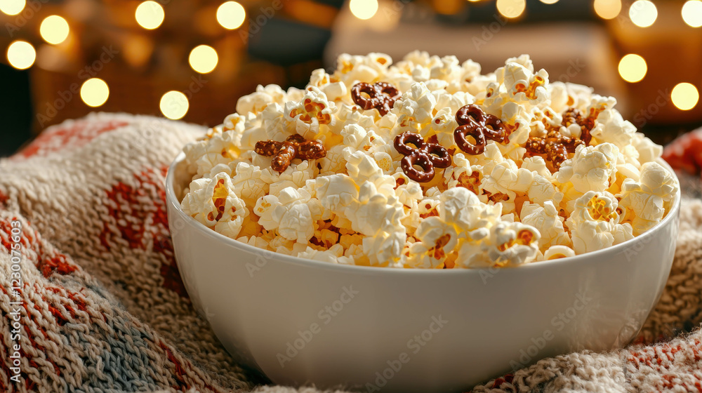 Cozy Movie Night Setup with Sweet and Salty Popcorn in a White Bowl Surrounded by Twinkling Lights Cozy Movie Night Setup with Sweet and Salty Popcorn in a White Bowl Surrounded by Twinkling Lights