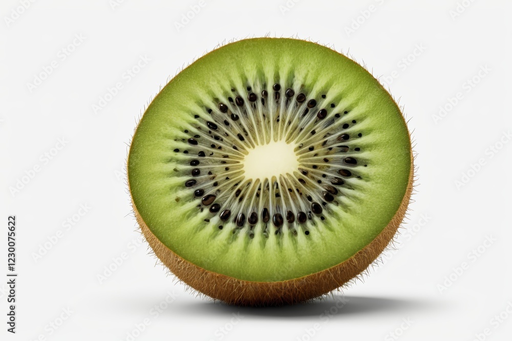 there is a kiwi fruit cut in half on a white surface there is a kiwi fruit cut in half on a white surface