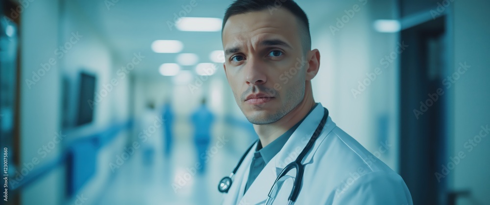 Fototapeta premium Male doctor in hospital hallway with stethoscope