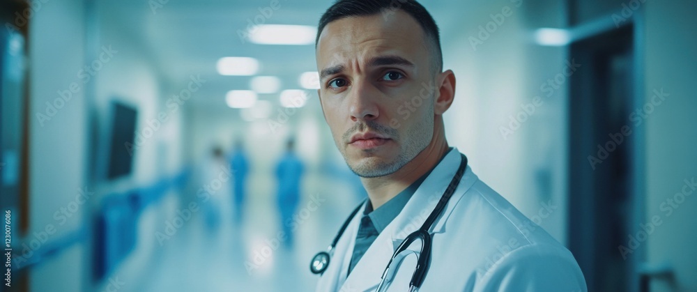 Obraz premium Serious caucasian male doctor in hospital corridor