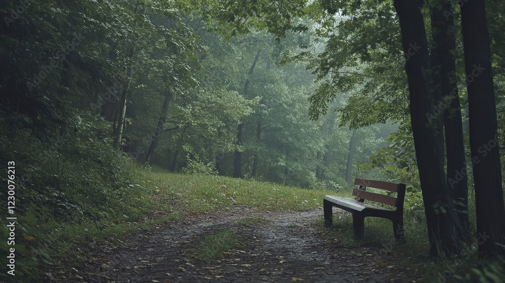 Serene Rainy Forest Path with Wooden Bench Serene Rainy Forest Path with Wooden Bench