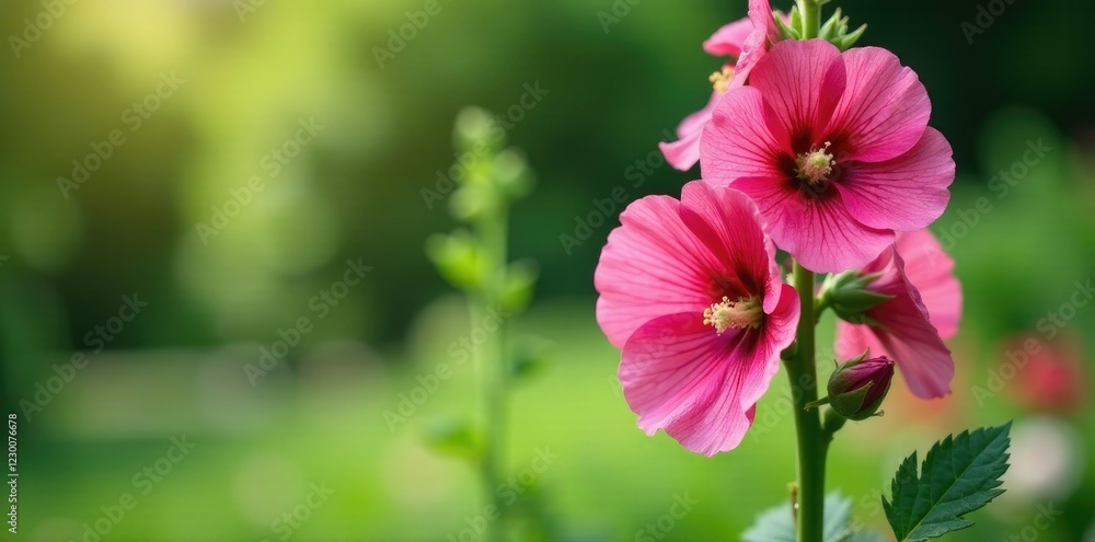 Fototapeta premium Tall hollyhock plant with bright pink flowers blooming in a garden, blooms, nature, greenery