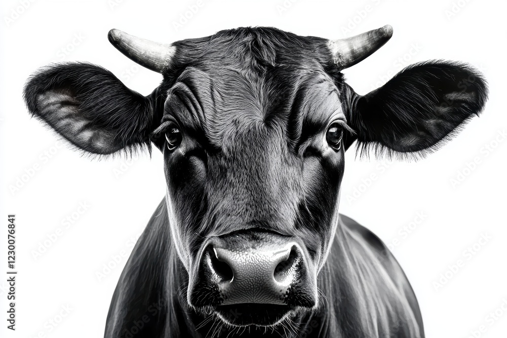 Close-up image of a black cow against a white backdrop. Close-up image of a black cow against a white backdrop.