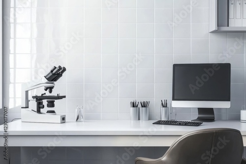 Modern laboratory workspace with microscope and computer on white desk