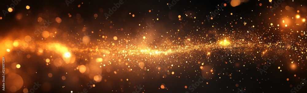 Fototapeta premium Vibrant Gold Particle Stream with Shimmering Lights in Dark Space, Creating a Magical Starry Background for Art and Design Projects