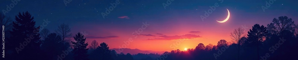 A crescent moon in the northeastern sky near trees, crescent moon, trees, lunar phase A crescent moon in the northeastern sky near trees, crescent moon, trees, lunar phase