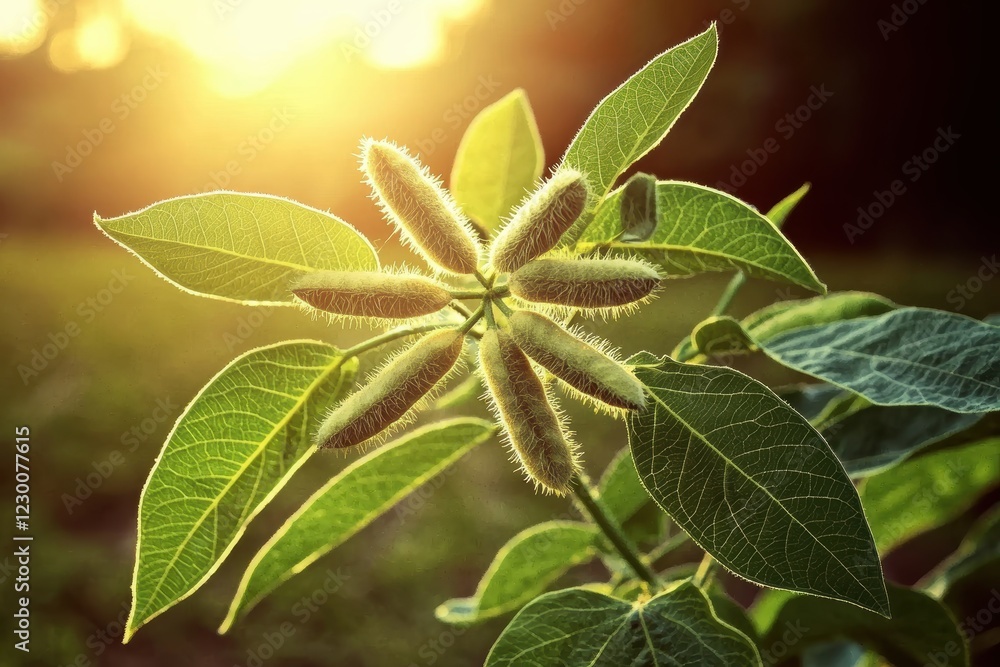 Detailed view of a soybean plant in an agricultural setting. Detailed view of a soybean plant in an agricultural setting.