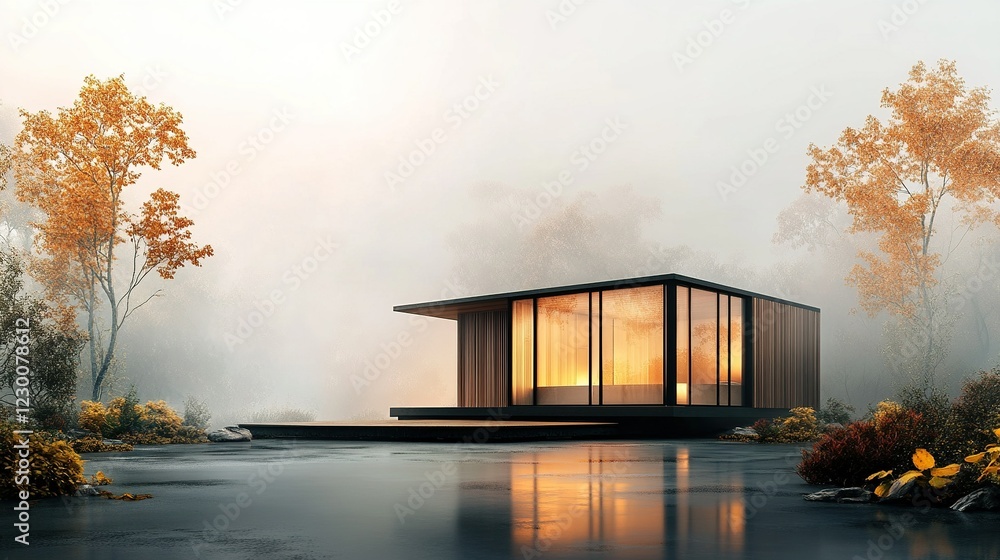 Fototapeta premium Sustainable minimalist eco-homes, innovative design, modular construction, 3D visualization, environmentally friendly materials