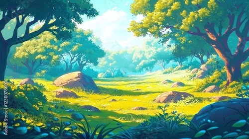 Discover the beauty of deciduous trees and moss-covered rocks in a whimsical setting.