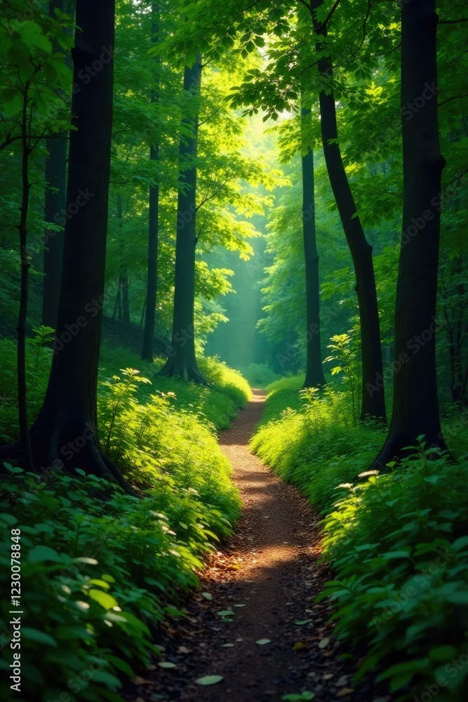 Obraz premium A meandering forest trail winds through trees, foliage, , forest path