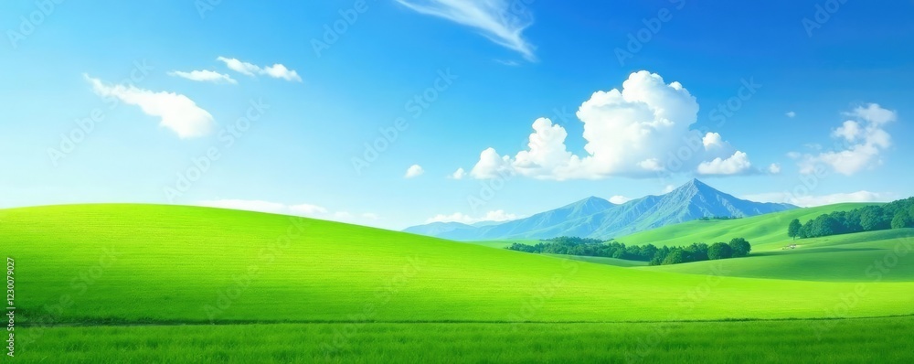 A peaceful scene of a green grass field under a clear blue sky with white clouds and distant mountain peaks in the background, Serene, Green Fields, Blue Sky A peaceful scene of a green grass field under a clear blue sky with white clouds and distant mountain peaks in the background, Serene, Green Fields, Blue Sky