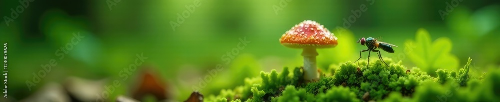 Obraz premium A single fly mushroom with a short stipe and cap on the grass, forest floor, leafy greens
