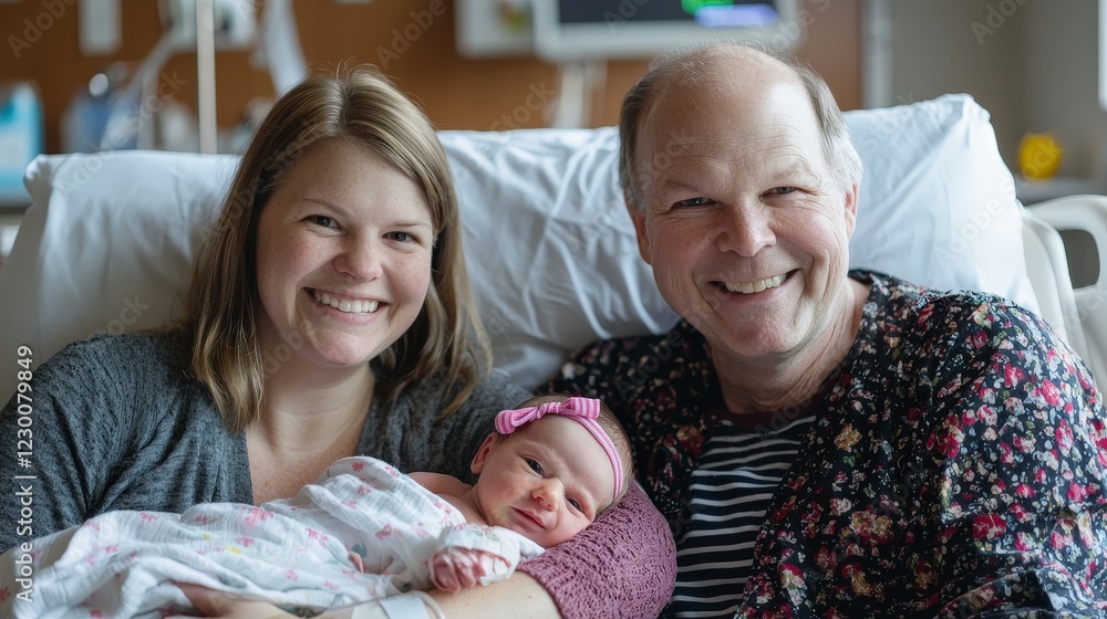 Obraz premium Joyful Family Moment in Hospital with Newborn Baby and Parent