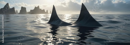 Shark fin breaks through the gentle ripples on the ocean's surface , calm ocean, breaking wave, shark fin photo