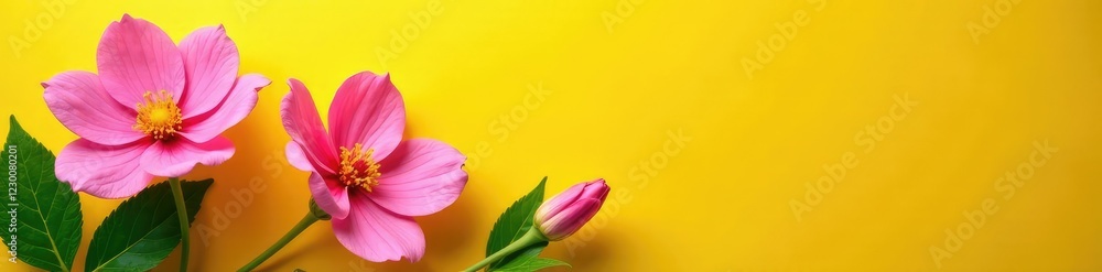 Colorful pink flowers bloom on a yellow background with lush green leaves and a tiny bud, nature, pink, yellow Colorful pink flowers bloom on a yellow background with lush green leaves and a tiny bud, nature, pink, yellow