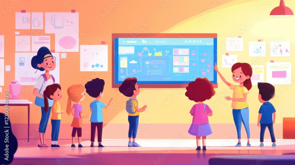 Modern classroom with children learning about water conservation, teacher pointing at an interactive digital board Modern classroom with children learning about water conservation, teacher pointing at an interactive digital board