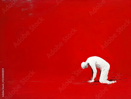Man kneeling, red background, despair, art