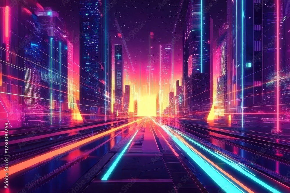 Neon lights illuminate the digital landscape of this advanced city. Neon lights illuminate the digital landscape of this advanced city.