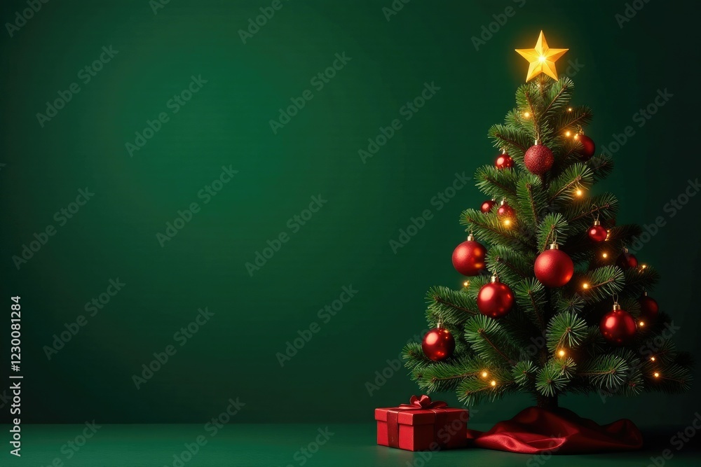 Naklejka premium Fir Christmas tree with ornaments and lights on a dark green background, festive, holly