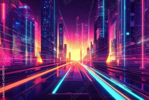 Neon lights illuminate the digital landscape of this advanced city.