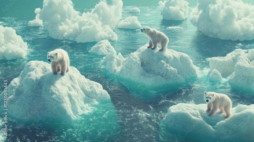 Naklejka premium Polar bears on melting glaciers surrounded by ocean water, symbolizing rising sea levels due to climate change