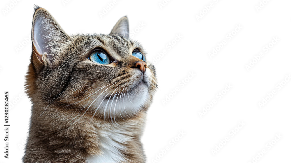 Fototapeta premium Portrait Of A Gray Tabby Cat With Striking Blue Eyes Looking Upw