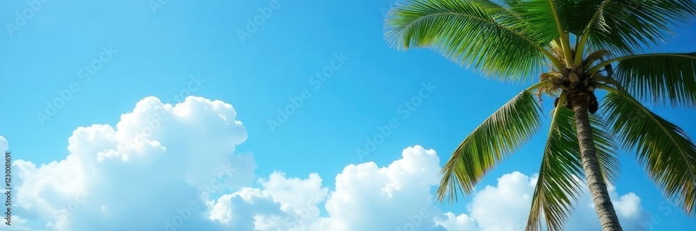 Fluffy white clouds drift across the bright blue sky as coconut tree leaves rustle softly, , nature, coconut tree Fluffy white clouds drift across the bright blue sky as coconut tree leaves rustle softly, , nature, coconut tree