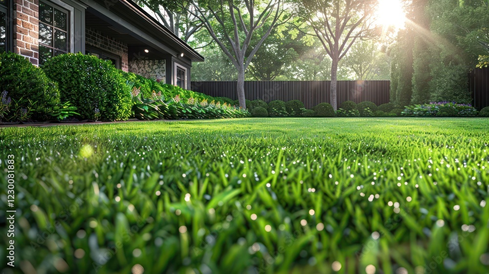 Obraz premium Lush green lawn in a serene backyard at sunset with vibrant foliage and soft sunlight