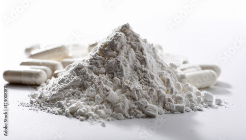 Healthcare and Pharmacy Concept – White Capsules and white powder
