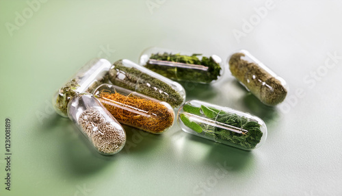 Wallpaper Mural Alternative Medicine – Herbal Powder Capsules on a Green Surface
 Torontodigital.ca