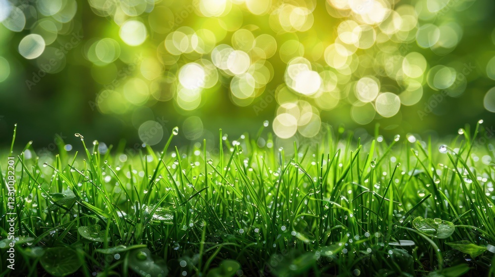 Obraz premium Lush green grass with dew drops glistening under soft sunlight in a vibrant natural setting