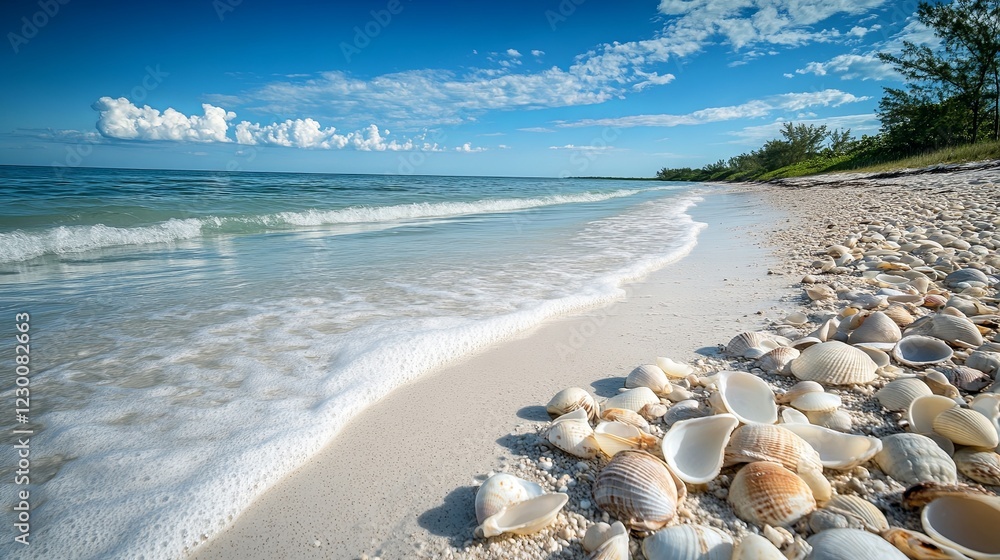 A quiet beach with crystal-clear water and scattered seashells. picture A quiet beach with crystal-clear water and scattered seashells. picture
