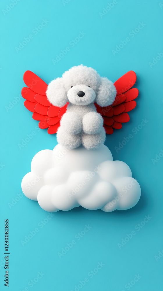 Poodle illustration, A whimsical image of a poodle with angel wings floating among fluffy clouds, designed with high fidelity and vibrant colors. Poodle illustration, A whimsical image of a poodle with angel wings floating among fluffy clouds, designed with high fidelity and vibrant colors.