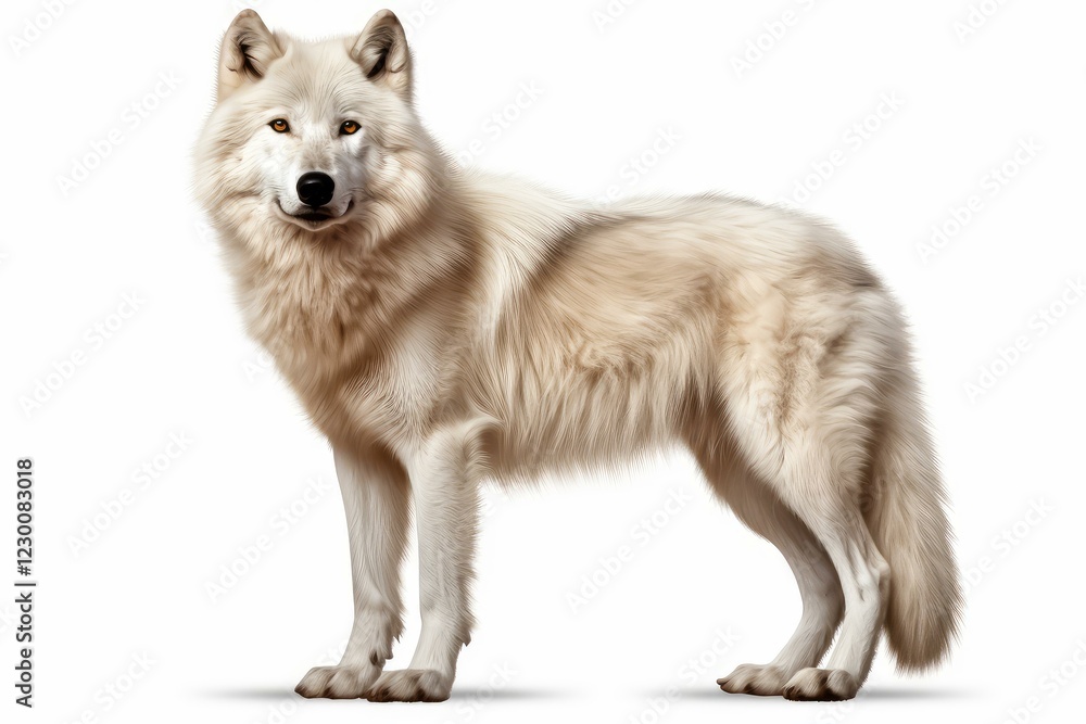 Fototapeta premium Full body portrait of an arctic wolf standing against a white background, showcasing its thick white fur and powerful stance